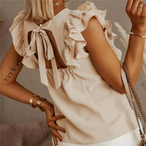

women's blouses & shirts 2021 women backless blouse summer casual ruffles short sleeve lace up solid o-neck pleated elegant loose ladi, White