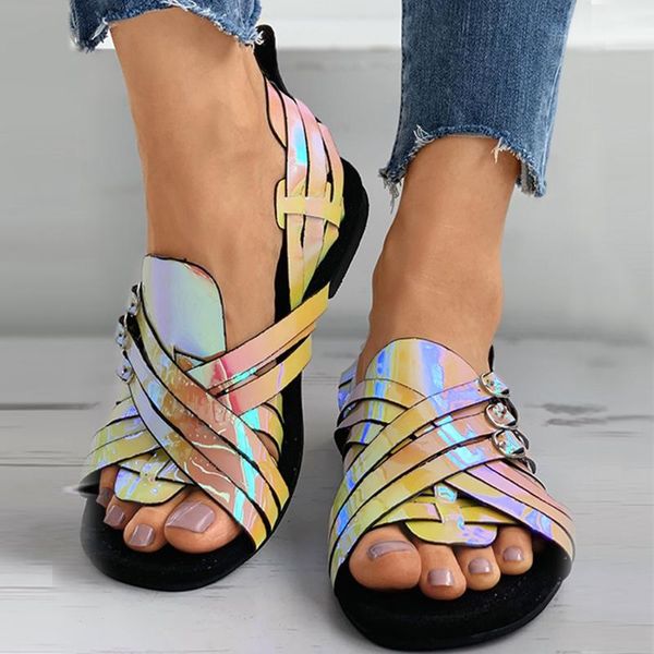 

sandals ribetrini 2021 ins lady open toe colorblock buckle summer shoes flat women's casual comfy, Black