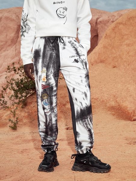 

men heart and slogan graphic tie dye sweatpants b5ol#, Black