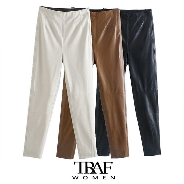 

traf za women fashion faux leather skinny legging pants vintage high elastic waist side zipper female ankle trousers mujer 211115, Black;white