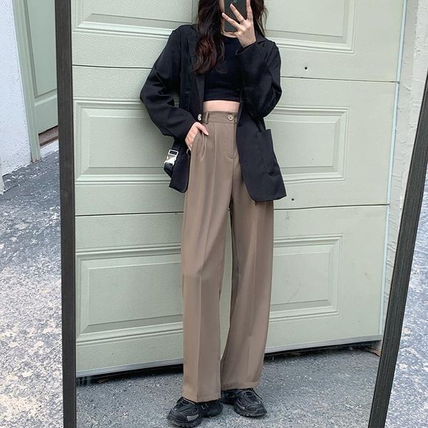 

women's pants & capris limiguyuew summer casual office suit women elegant high waist wide leg korean style straight long trousers k2136, Black;white