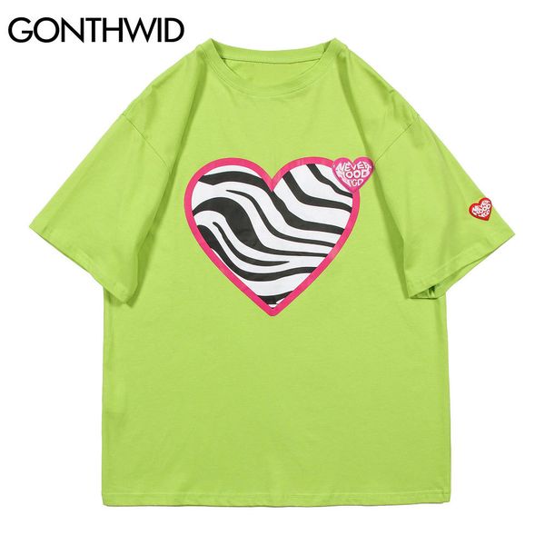 

gonthwid t-shirts harajuku zebra stripe heart print short sleeve tees shirts streetwear mens hip hop casual cotton tshirts c0315, White;black