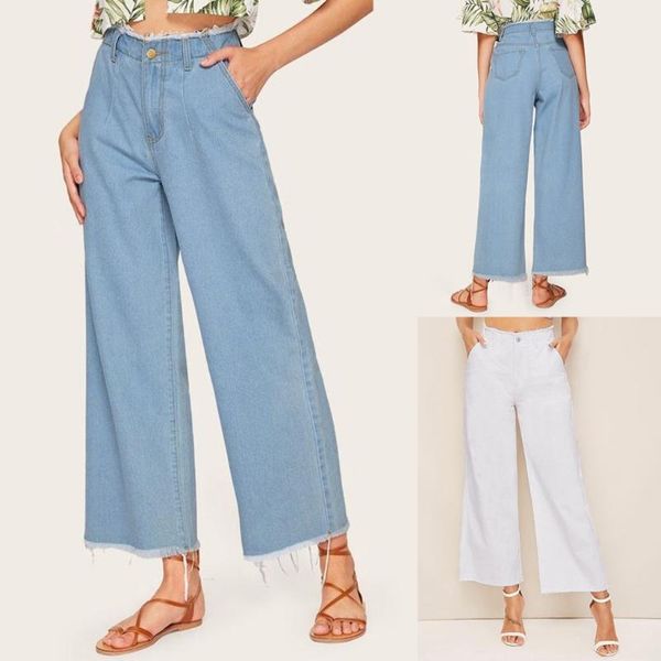 

women casual flare high waist jeans button drawstring bell bottom denim pants w1104 women's, Blue