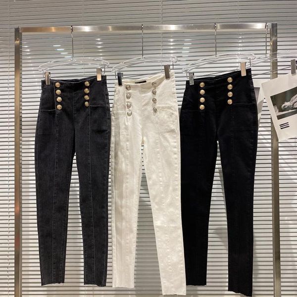 

women's jeans double row metal buckle pencil women 2021 autumn slim pants, Blue
