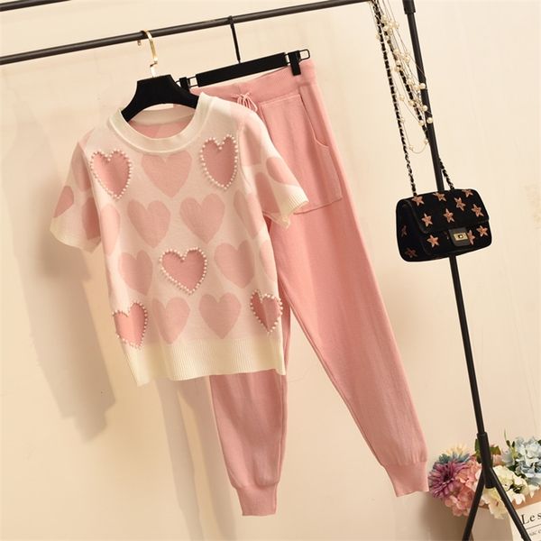

2 piece set women knit outfits love heart short sleeve o-neck + lace up waist ankle harem pants two 210514, White
