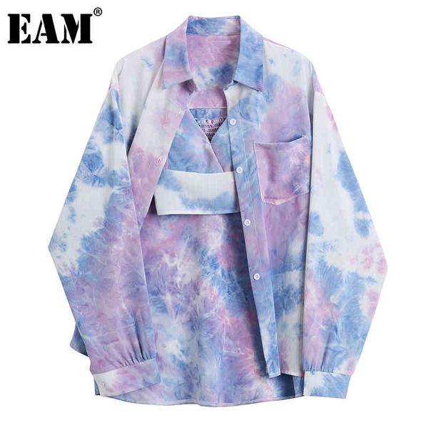 

[eam] women big size tie-dyed casual blouse suit lapel long sleeve loose fit shirt fashion spring autumn 1dd6881 21512, White