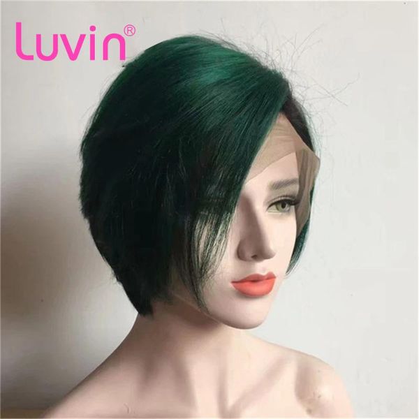 

lace wigs luvin dark green short pixie cut human hair brazilian wig remy straight t part for women, Black;brown
