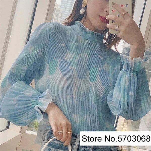 

women's blouses & shirts elfstyle ladies printed ruffle neck pleated blouse shirt top, White