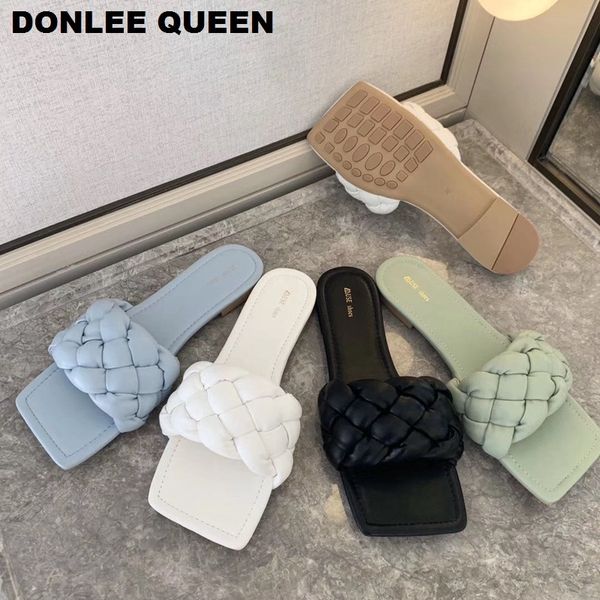 

fashion weave slippers women square toe flat casual sho slide 2021 summer flip flops beach sandal slipper big size41, Black