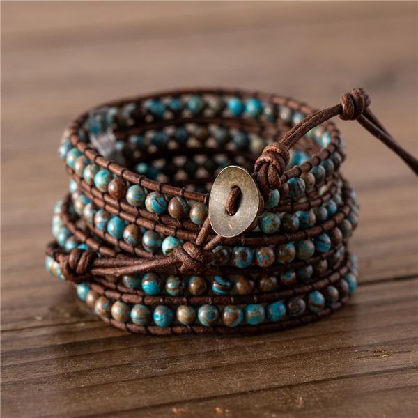 

tennis blue natural stone wrap around beaded bracelet 5 layers leather bracelets boho chic handmade yoga jewelry dropshiping, Golden;silver