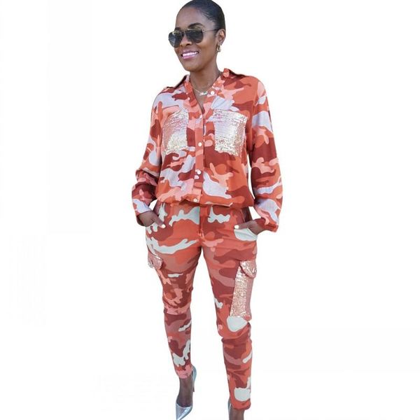 

women's two piece pants tracksuit women set full sleeve shirt outfits autumn camouflage sequin pockets safari style overalls pant suit, White