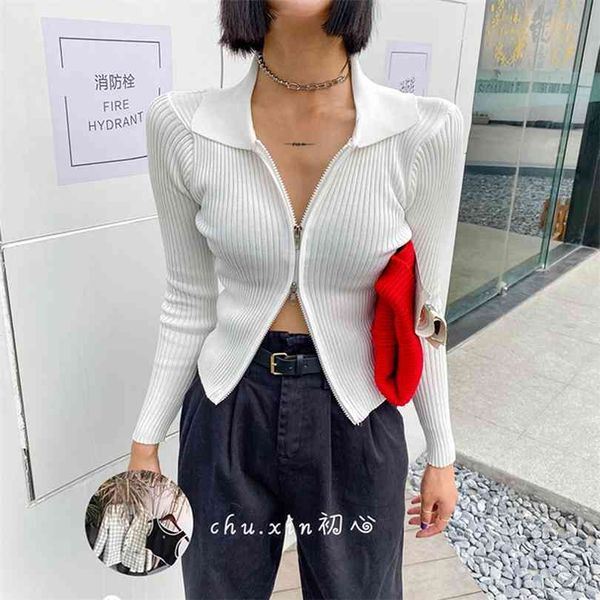 

jmprs zipper women cardigans sweater autumn long sleeve corpped knitted fashion female casual slim blouse 210922, White;black