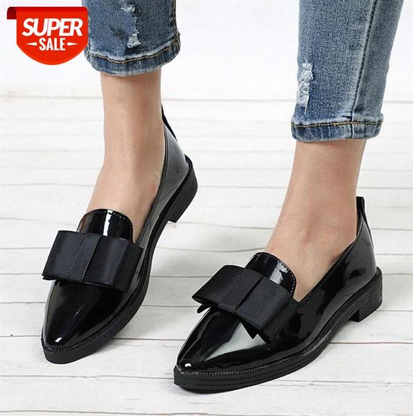 

spring flats women shoes bowtie loafers patent leather elegant low heels slip on footwear female pointed toe thick heel #nn8u