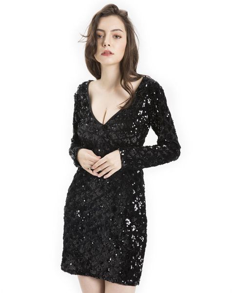 

casual dresses autumn dress women slim sequins vintage mini female elegant party club deep v-neck, Black;gray