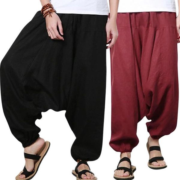 

men's pants 2021 cotton linen loose harem trousers wide-leg summer casual solid color with pockets, Black