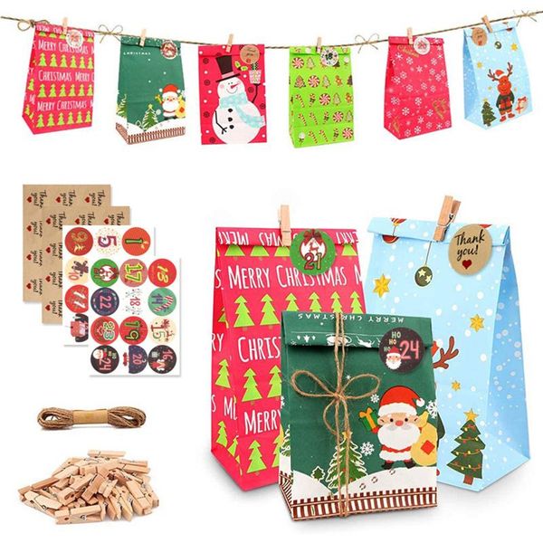 

christmas decorations advent calendar 2021 kraft paper treat bags 1-24 countdown house gift box cookie diy candy bag