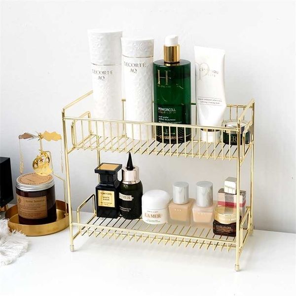 2 strati Metal Cosmetics Storage Rack Gruck Organizzatore del bagno Organizzatore cucina Scaffali di ferro Scaffali 211102