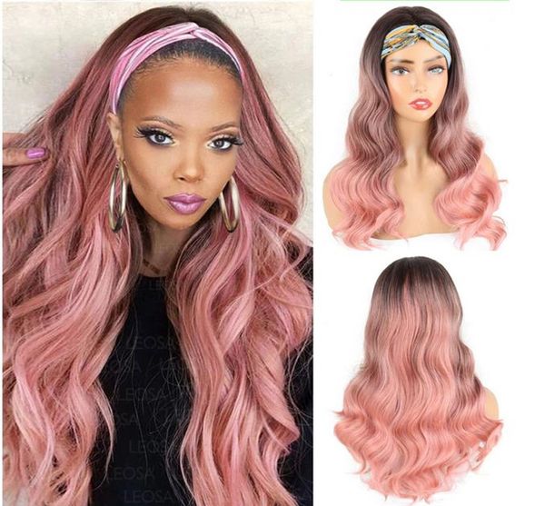 

long body wave with headband pink wave wig with black root part