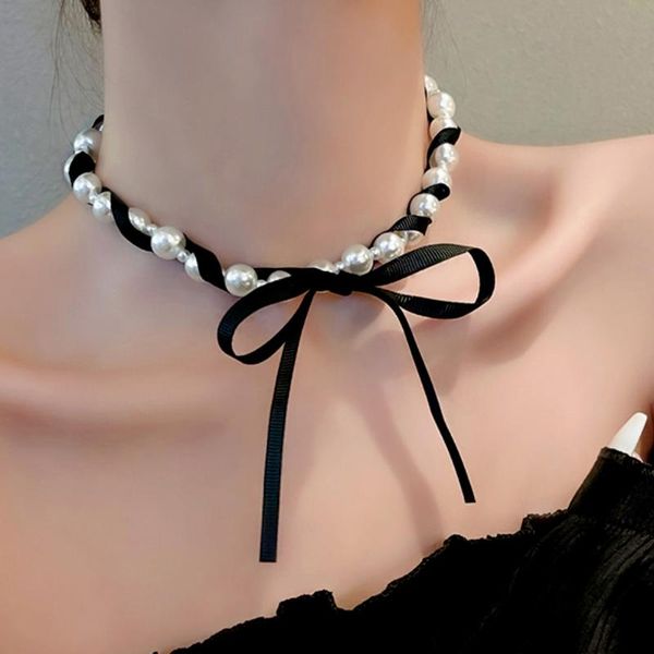 

chokers 2021 japan and south korea women's party festival black ribbon bow hair band pearl clavicle chain fashion trend necklace, Golden;silver