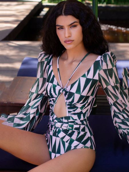 

hollow out halter monokini 2021 print swimsuit one piece long sleeve swimwear women pleated bathing suit summer bathersby