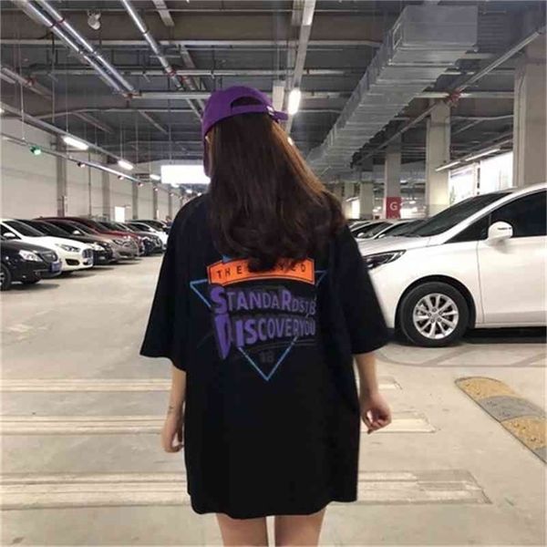 Coreano Ulzzang Gráfico Gráfico Impresso Estilo Velho Escola Oversized All Match Mulheres Tee Tops Menina T-shirts 210324