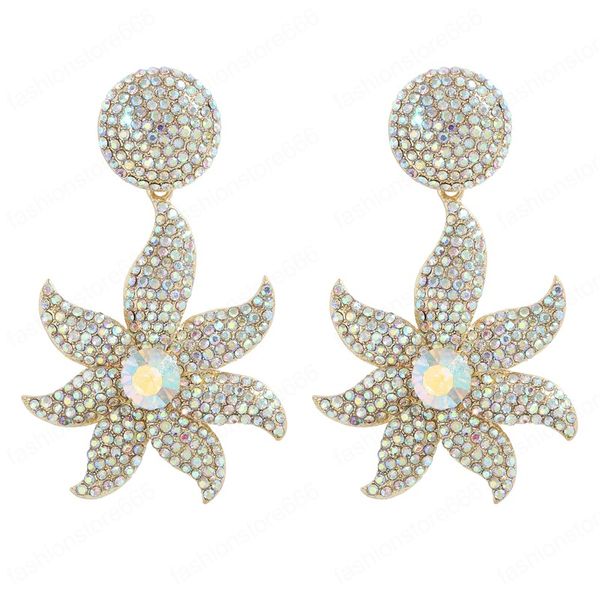 Luxuriöse Charm-Ohrringe in Seesternform mit Strasssteinen für Damen, glänzender Kristall, goldfarbener Metallschmuck, Party