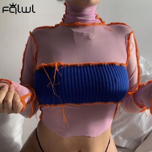 

women's t-shirt fqlwl streetwear turtleneck long sleeve crop women t shirt patchwork ribbed mesh tshirts pullovers ladies female, White