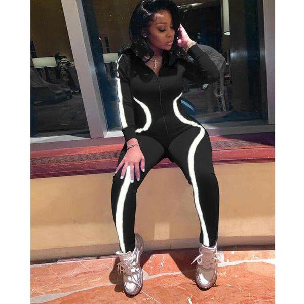 

reflective jumpsuits women long sleeve zipper stripe bodycon jumpsuit romper clubwear trousers women's & rompers, Black;white
