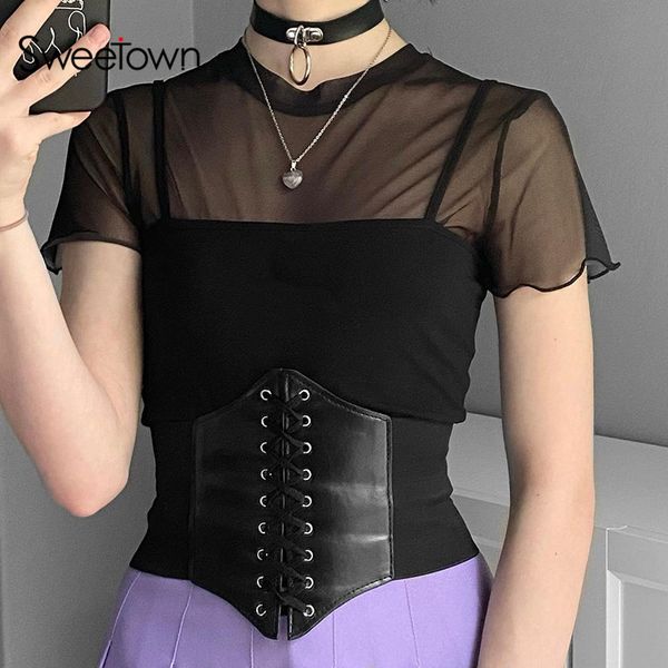 

sweetown dark academia gothic corset women pu leather punk style e girl clothes sleeveless cross lace up crop black, Black;white