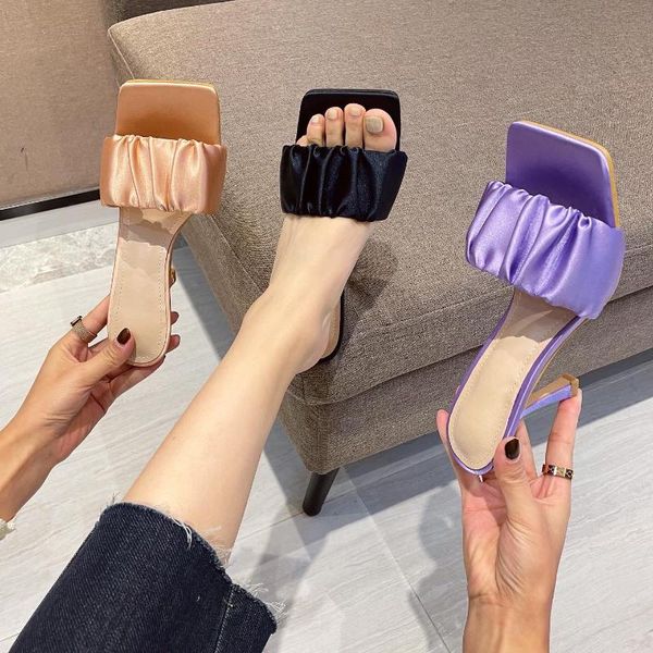 

candy women shoes elegant folded high heels 6-8cm outdoor plus size 35-42 sandal slides slippers, Black