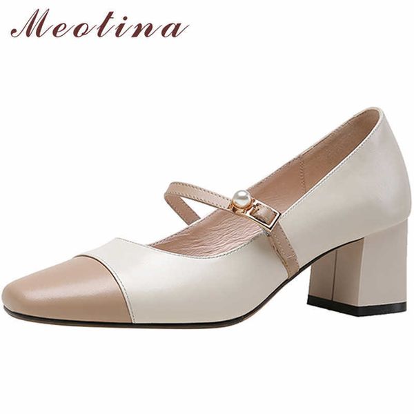 

meotina genuine leather mary janes shoes women high heels pearl square toe pumps buckle chunky heel female footwear spring black 210608