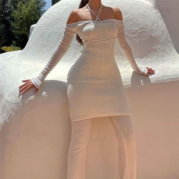 

women's two piece pants women knitted set autumn slash neck bandage halter ex- long tee+pant matching outfit lady high streetwear cloth, White