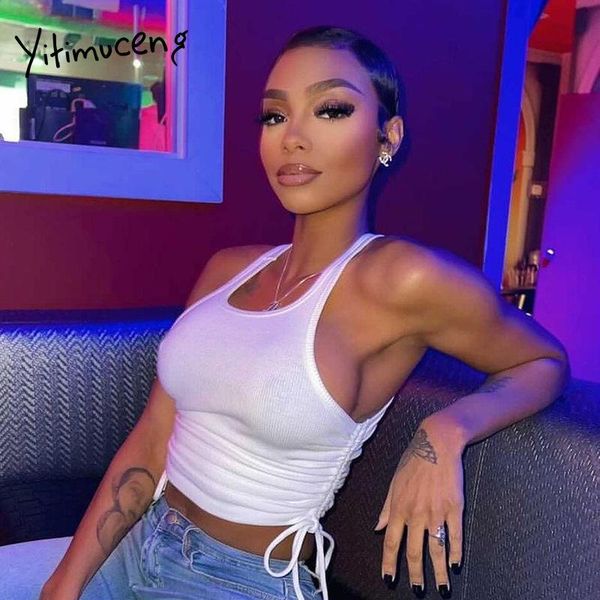 

yitimuceng crop tank women clothes white summer 2021 bandage camis short solid club backless shirring fashion women's tanks &