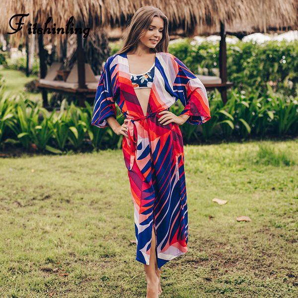 

fitshinling bohemian print beach kimono cover-up swimwear with sashes holiday slim summer long cardigan bikini outing hot