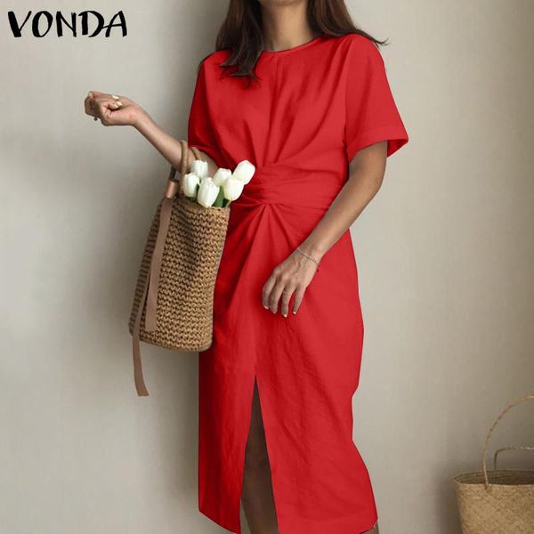 

casual dresses s- women dress 2021 vonda short sleeve front slit bowknot holiday beach sundress femme party robe, Black;gray