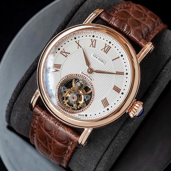 

wristwatches sugess mechanical watch skelton seagull st8000 tourbillon movement sapphire mens 2021 designer, Slivery;brown