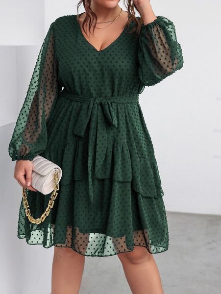 

plus swiss dot bishop sleeve belted chiffon dress j4xb#, Black