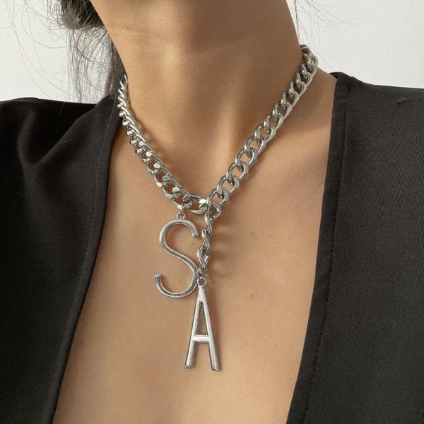 

chains punk s a letter pendant choker necklace steampunk men street art metal chunky thick chain women jewelry, Silver