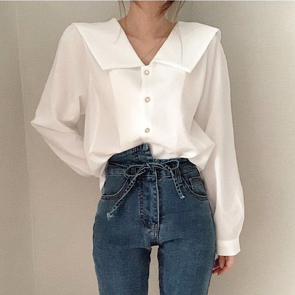 

women's blouses & shirts [ewq] 2021 spring ppshd season korean ghost horse young girl ~blouse white or pink temperament special collar