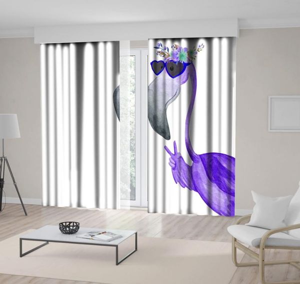 

curtain & drapes flamingo in sunglasses and floral wreath hello summer exotic animal fun decorative cartoon artwork purple gray white