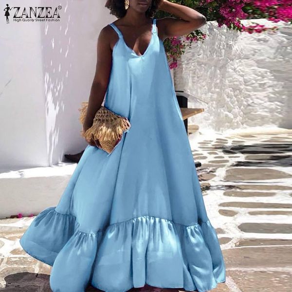 

casual dresses zanzea bohemian women dress 2021 summer patchwork ruffle maxi vestido solid strap sundress lady loose robe, Black;gray