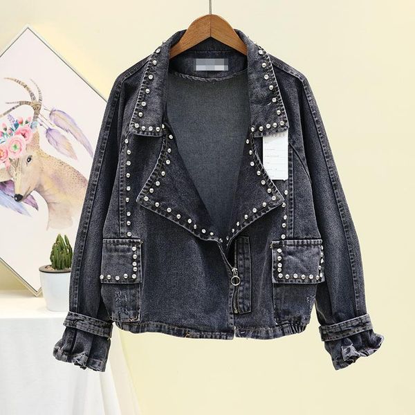 

women's jackets 2021 autumn heavy industry rivets drill suit collar jeans jacket womens loose short casual cowboy coat woman denim, Black;brown
