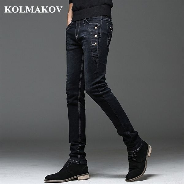 

kolmakov mens denim jeans straight full length pants with high elasticity slim pants for man fashion mid-waist jeans 211011, Blue