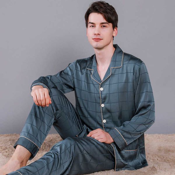 

autumn men's long-sleeved silk pajamas men clothing thin underwear home suit large size ice silk casual home wear piyama hombre 211019, Black;brown