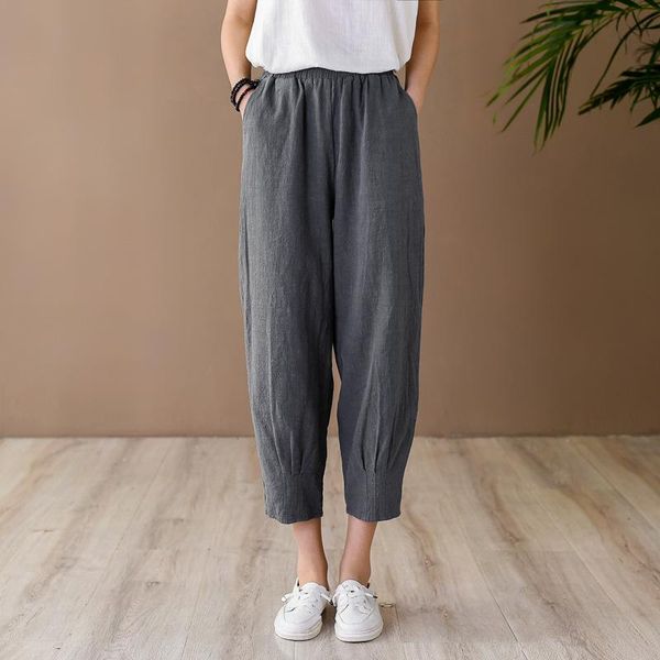 

women's pants & capris qpfjqd 2021 summer autumn ladies cotton linen elastic waist harem loose casual women ankle length trouser solid, Black;white