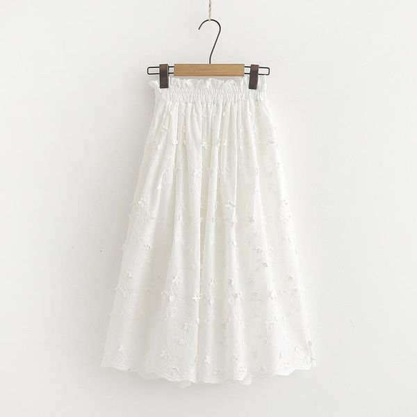 

skirts summer japan style whtie women fresh temperament ruffles high waist elastic 3d floral embroidery lace skirt female saias, Black