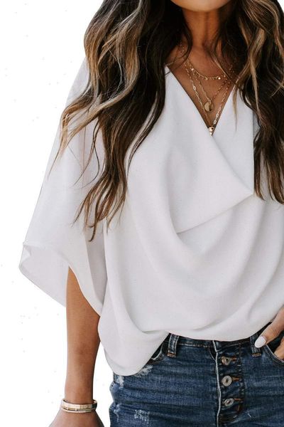 

blouses women womens shirts fashion summer casual loose draped chiffon female half sleeve folds v neck s xxl, White