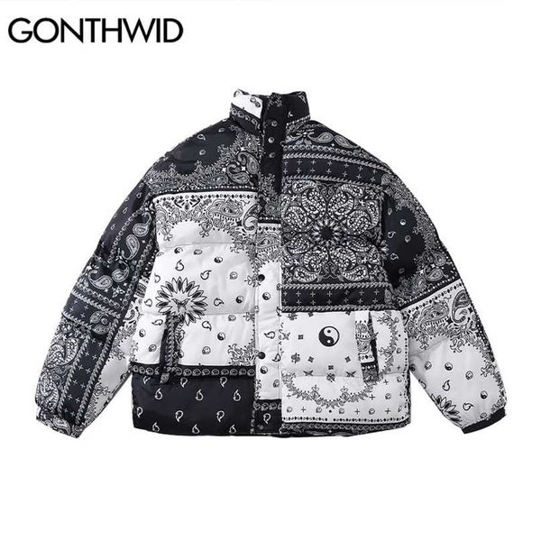 

hip hop winter parka jacket streetwear men bandana print patchwork cotton padded thick coats harajuku waterproof parka 211204, Black