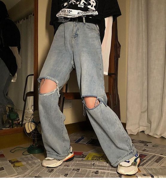 

ripped jeans women's 2021 fashion summer thin section light blue straight loose high waist slimming street pants for women