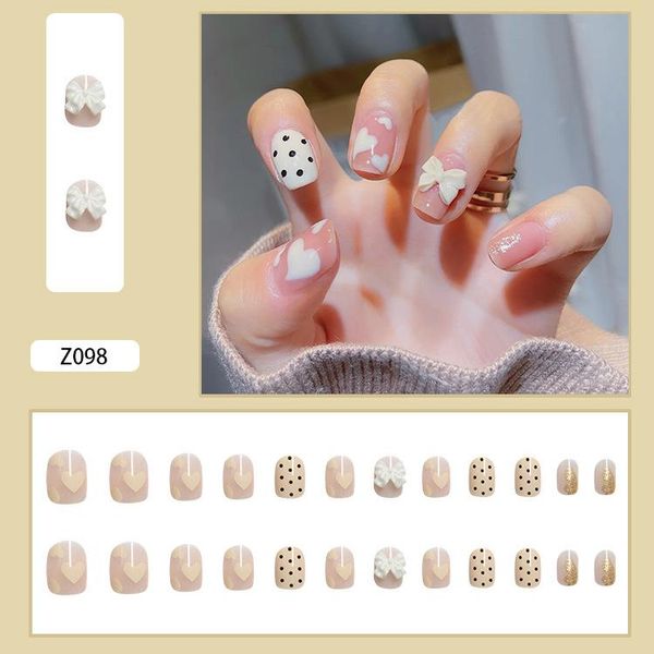 

false nails 24pcs polka dot bow wear long paragraph fashion manicure patch save time wearable nail faux ongles, Red;gold